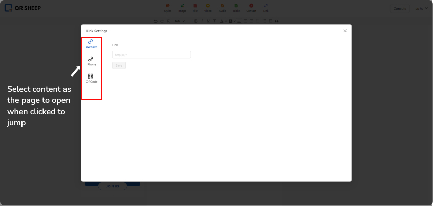 qrsheep landingpage Edit jump link step 1